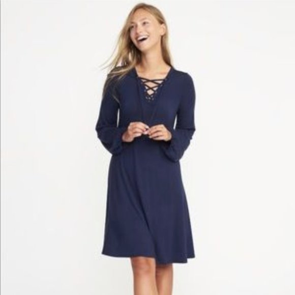 Old Navy Dresses & Skirts - Old Navy Women's Size 1XL Casual Long-Sleeve Navy Blue Dress Lace-Up Neckline